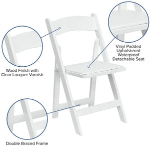 White Wood Folding Chair with Vinyl Padded Seat Garden