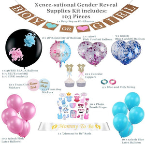 Gender Reveal Party Supplies (103 Pieces). The Premium Quality . Big Black Balloon, Sash, Cupcake Topper, Gender Reveal