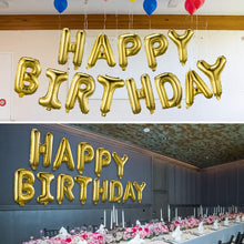 Load image into Gallery viewer, Happy Birthday Balloons Banner Gold  (3D Lettering) Mylar Foil Letters
