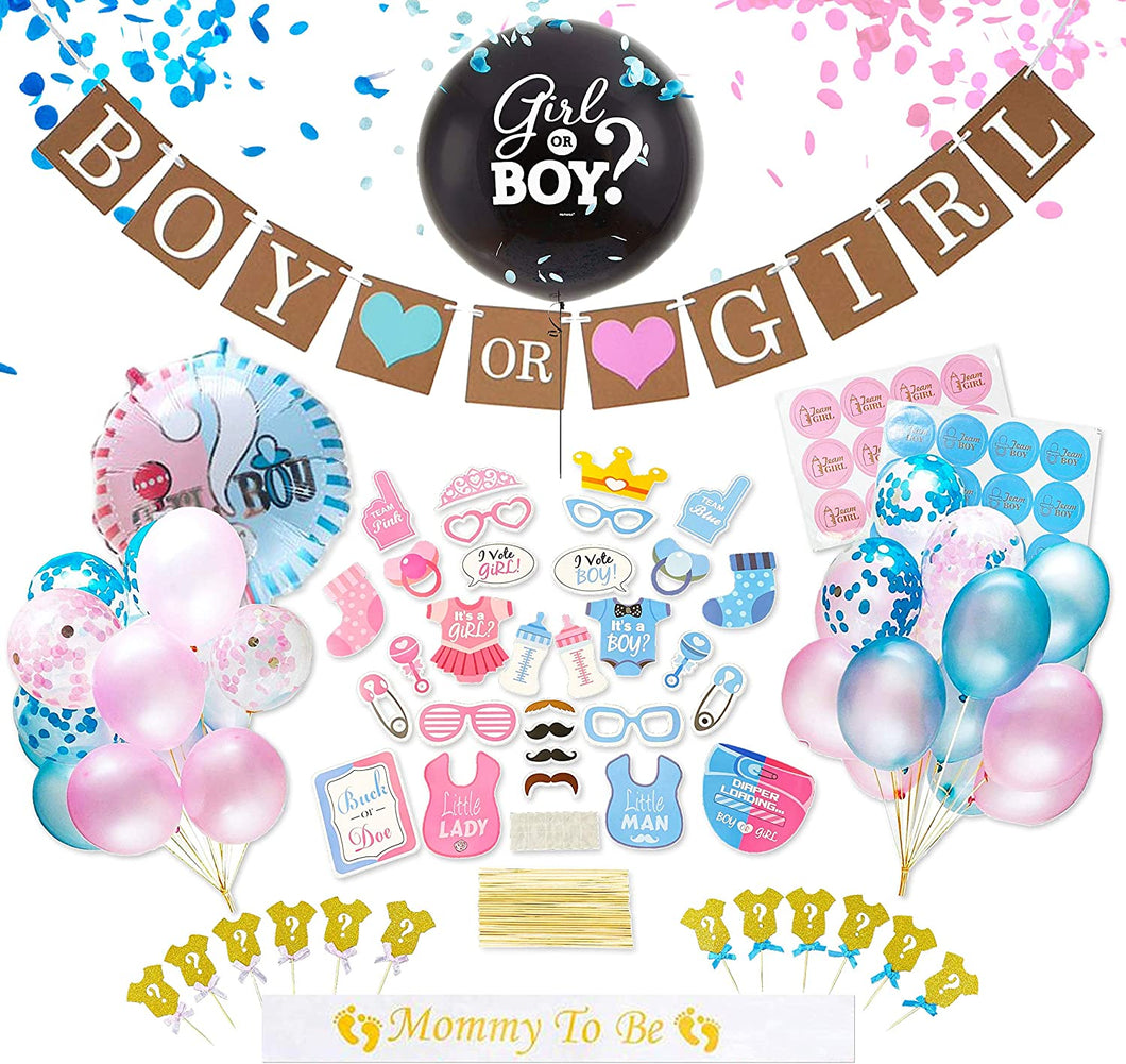 Gender Reveal Party Supplies (103 Pieces). The Premium Quality . Big Black Balloon, Sash, Cupcake Topper, Gender Reveal